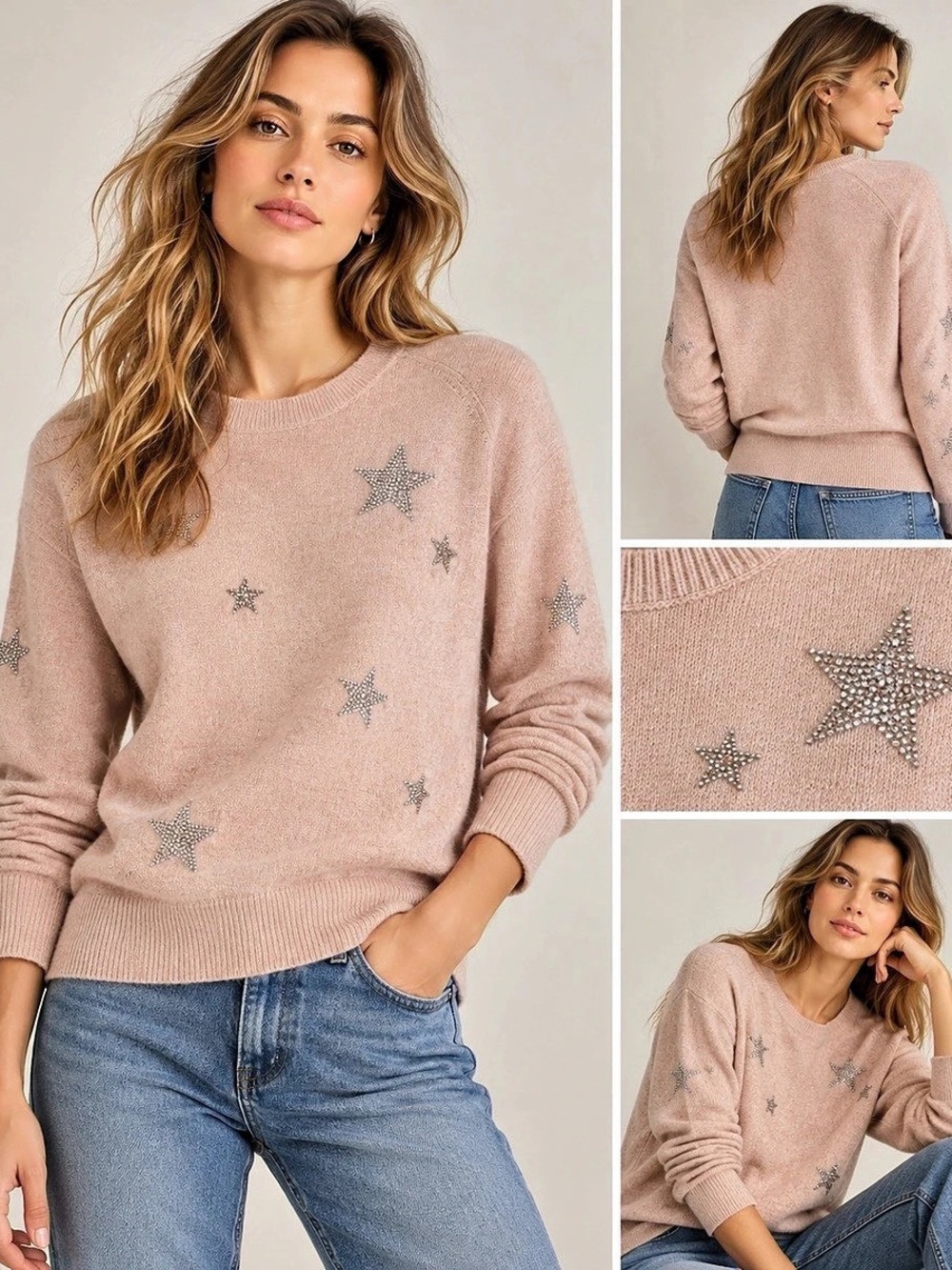 Zadig & Voltaire Markus WS Stars 100% Cashmere Sweater Pink Size L EUC